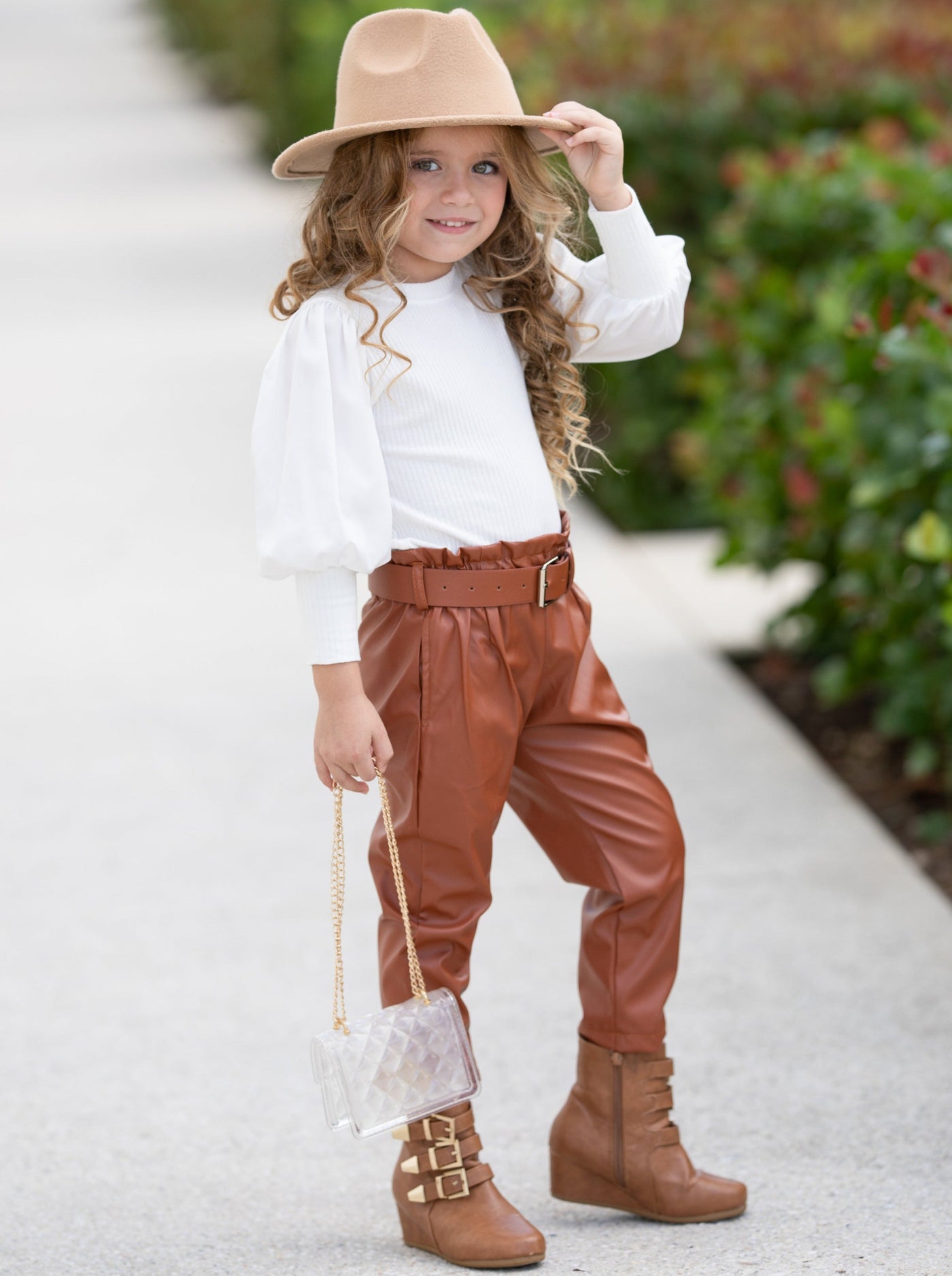 Toddler Everyday Fashion | Puff Sleeve Top & Vegan Leather Pants Set