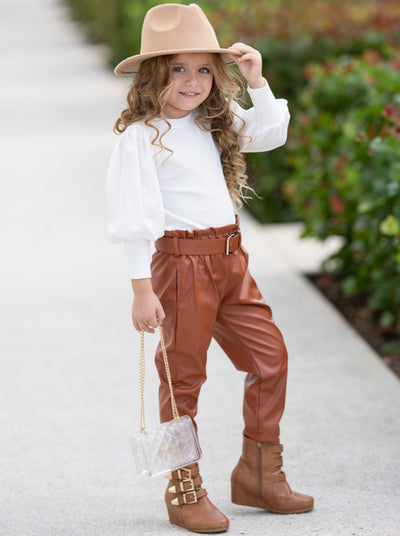 Toddler Everyday Fashion | Puff Sleeve Top & Vegan Leather Pants Set