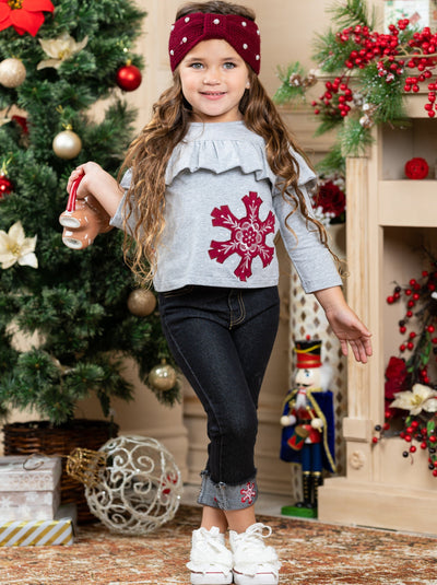 Cute Winter Sets | Girls Snowflake Ruffle Bub Top and Cuffed Jeans Set