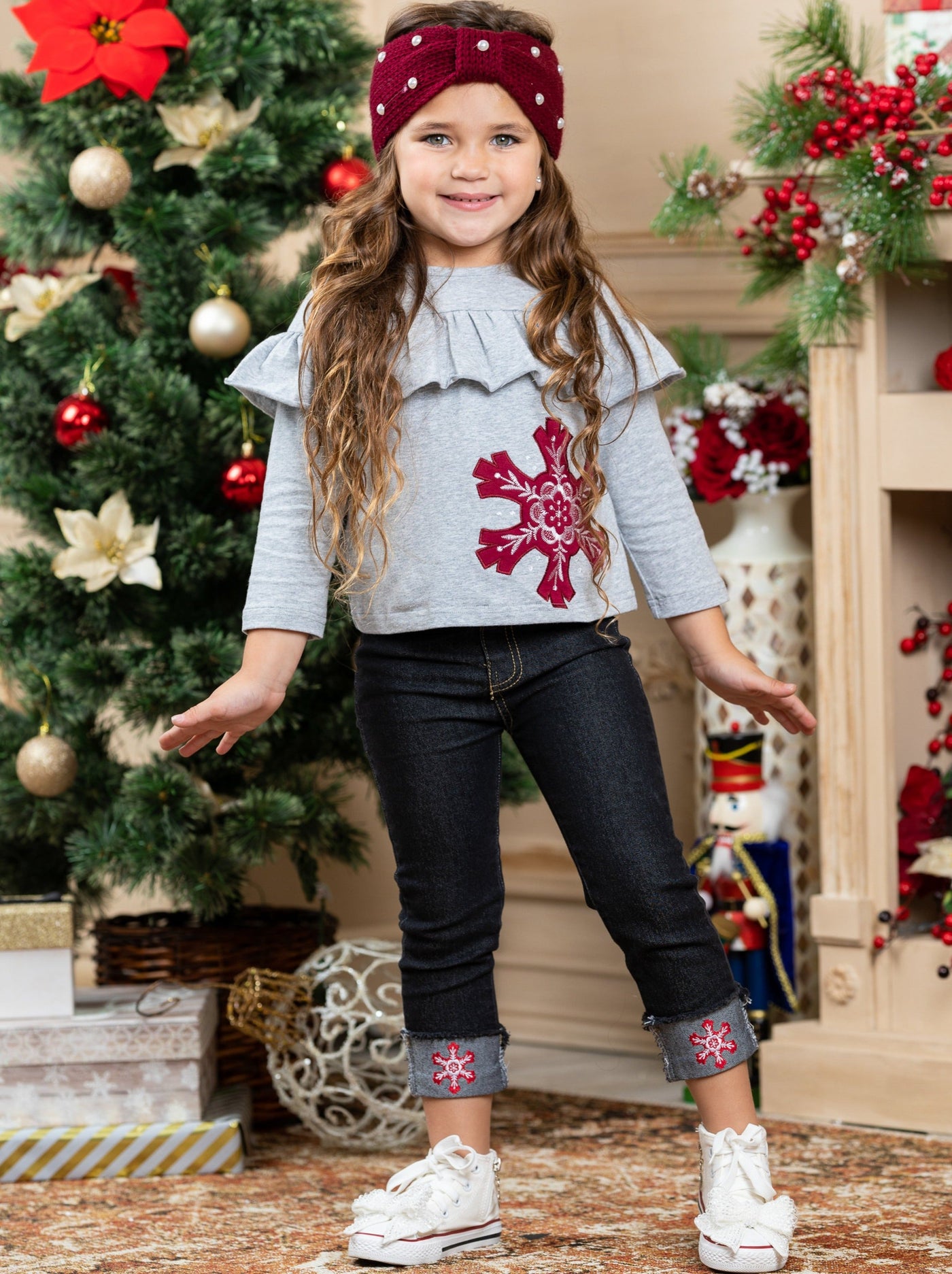 Cute Winter Sets | Girls Snowflake Ruffle Bub Top and Cuffed Jeans Set