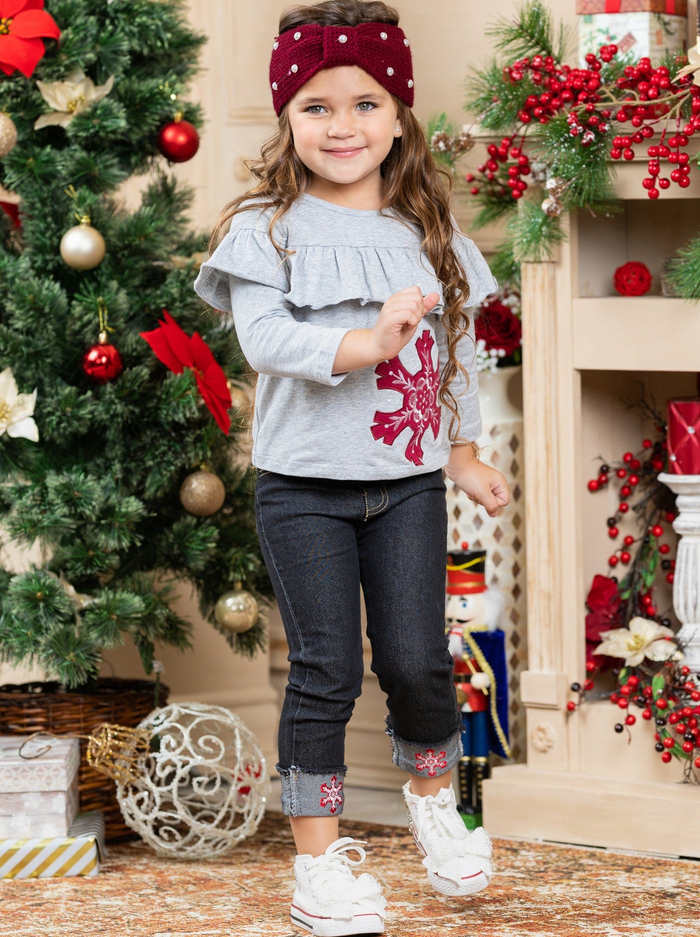 Cute Winter Sets | Girls Snowflake Ruffle Bub Top and Cuffed Jeans Set