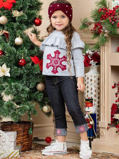Cute Winter Sets | Girls Snowflake Ruffle Bub Top and Cuffed Jeans Set