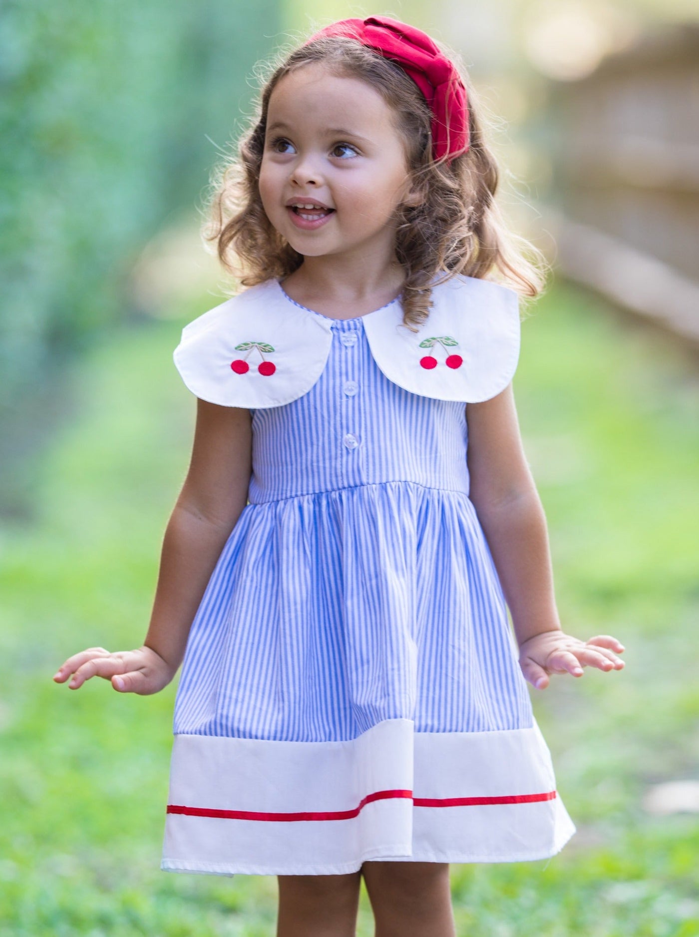 Cherry Blossom Pinstripe Dress - Mia Belle Girls