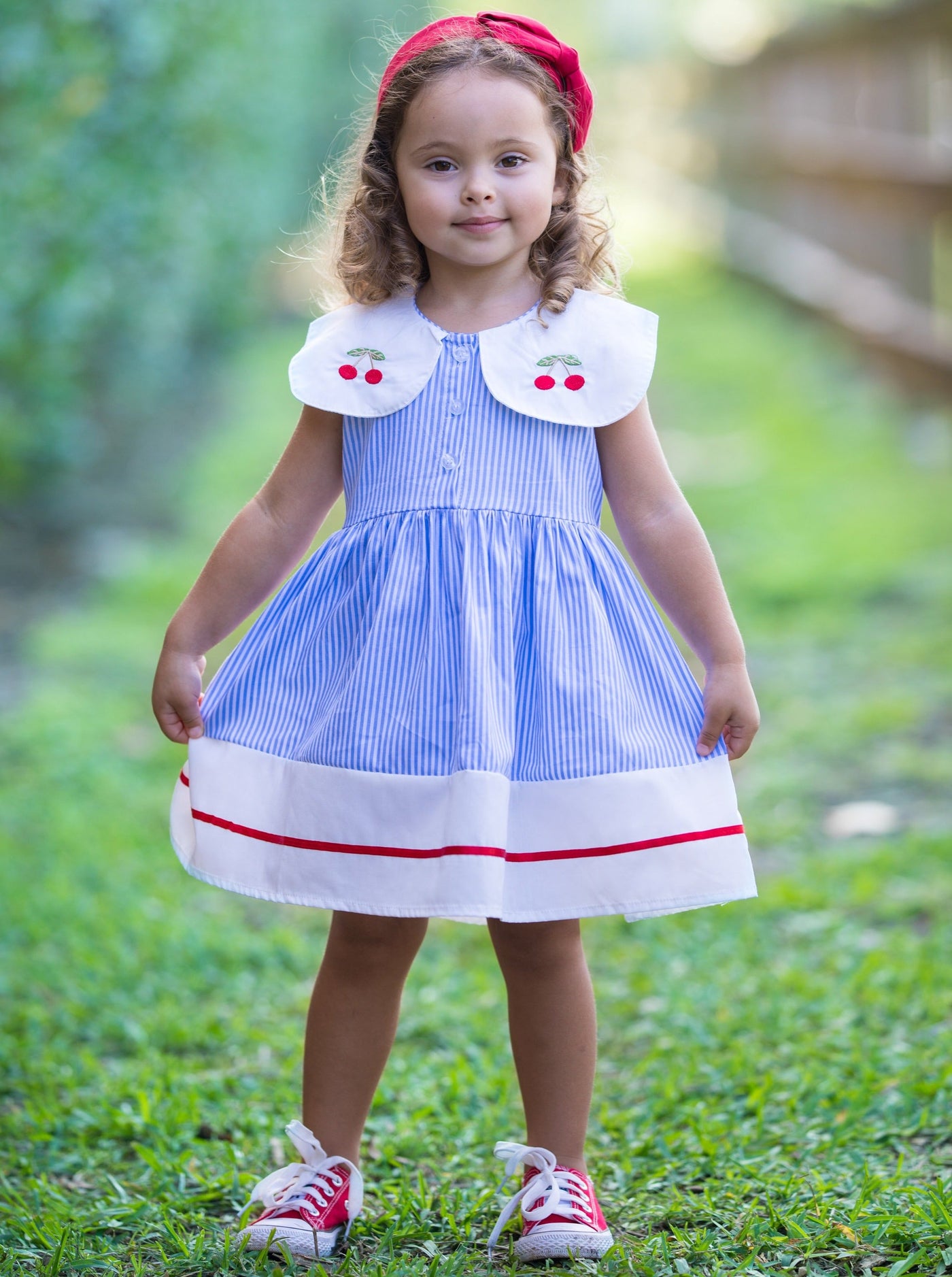 Cherry Blossom Pinstripe Dress - Mia Belle Girls