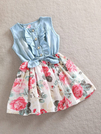 Girls Summer Dress | Toddler Sleeveless Chambray Bodice Floral Dress