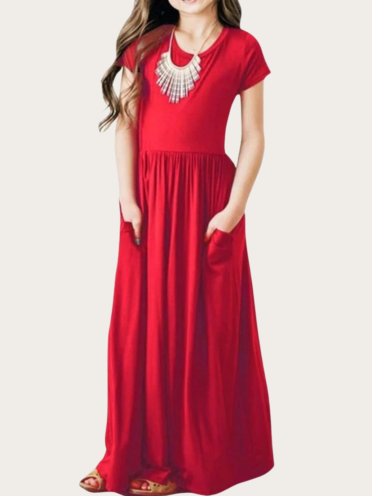 Girls Cute Spring Dresses | Short Sleeve Pockets Pleated Maxi Sundress