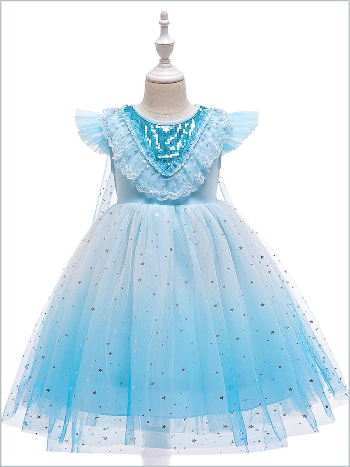 Little Girls Party Dresses | Blue Star Sequin Tulle Dress With Train