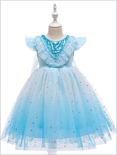 Little Girls Party Dresses | Blue Star Sequin Tulle Dress With Train
