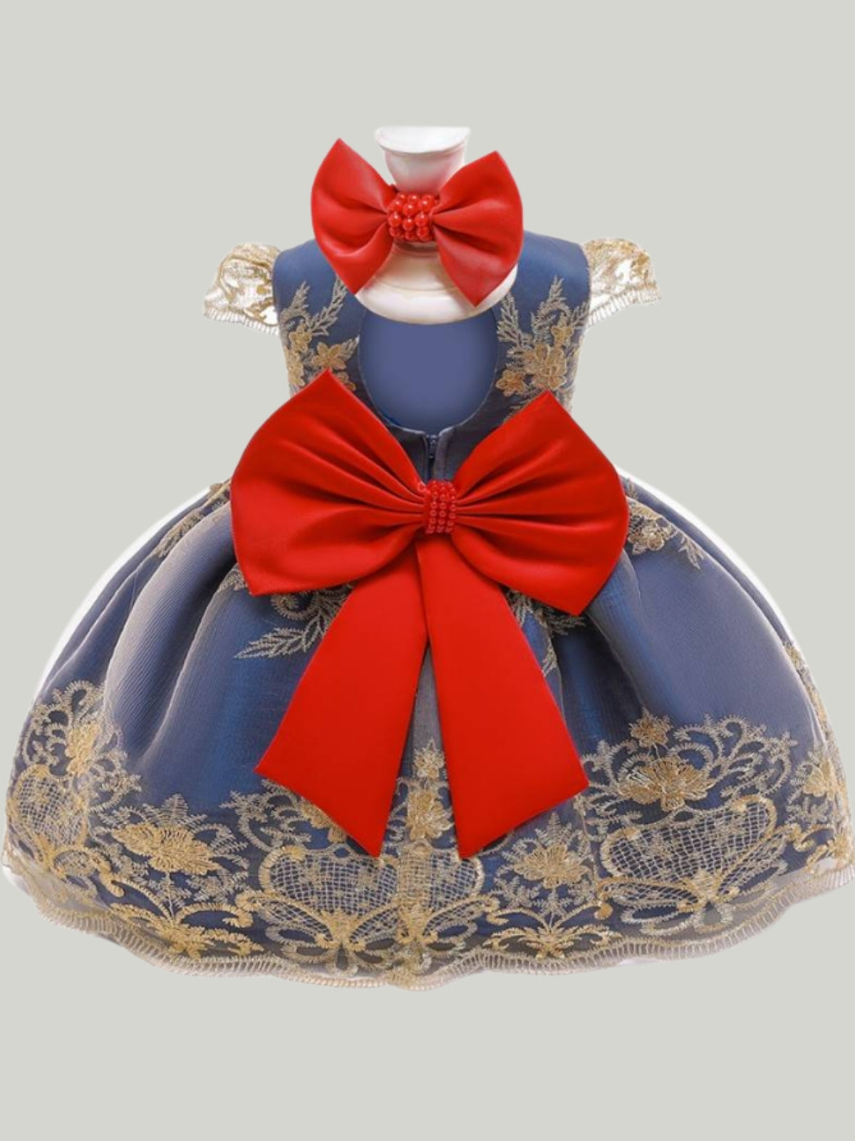 Baby Floral Lace Embroidered Beaded Dress with Bow-Blue