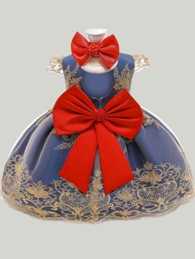 Baby Floral Lace Embroidered Beaded Dress with Bow-Blue