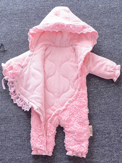 Baby Coming Up Roses Lace and Ruffle Hooded Jumpsuit with Booties - Pink