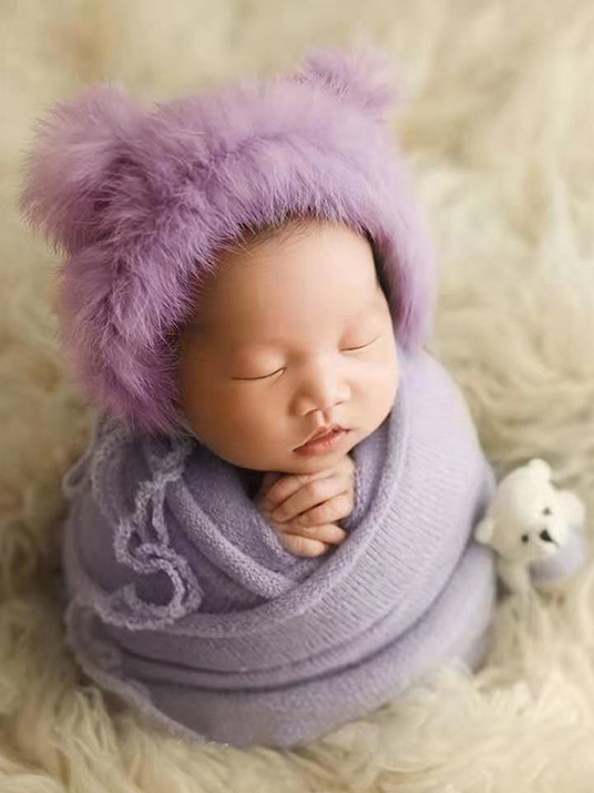 Baby set features a knitted shawl - wrap with a faux fur cap with ears and a little doll lilac