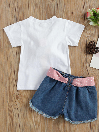 Girls Spring Outfits | Ice Cream Pom Pom Tee & Belted Denim Shorts Set