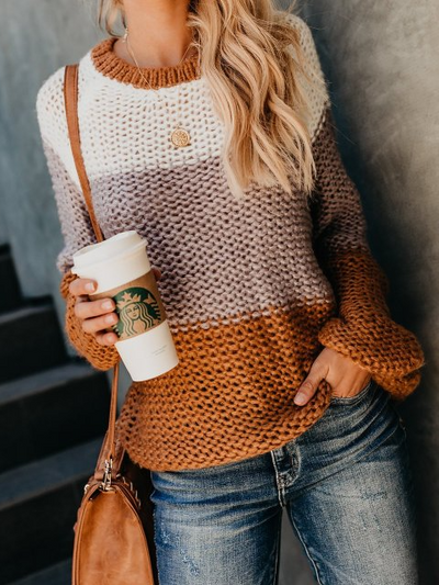 Women's Fluffy Loose Knit Color Block Sweater Brown