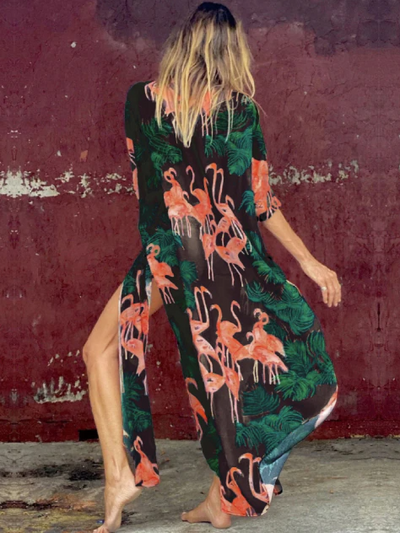 Women's Flamingo Side Slit Kimono Cover Up
