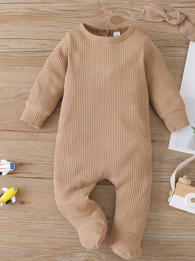 Baby Playtime Long Sleeve Ribbed Footie Onesie With Headband Beige