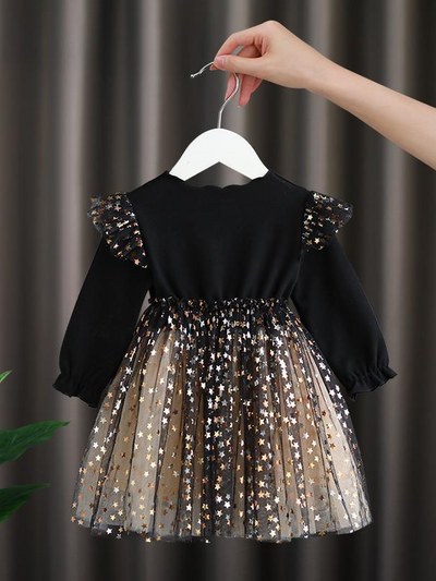 Girls Spring Dresses | Long Sleeve Stars Sequin Tulle Tutu Dress