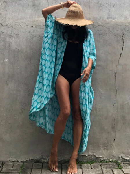 Women's Leaf Print Kimono Cover Up - Turquoise