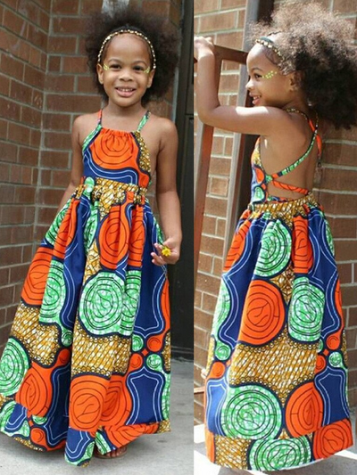 Little Girls Resort Wear | Abstract Kente Design Halter Maxi Dress