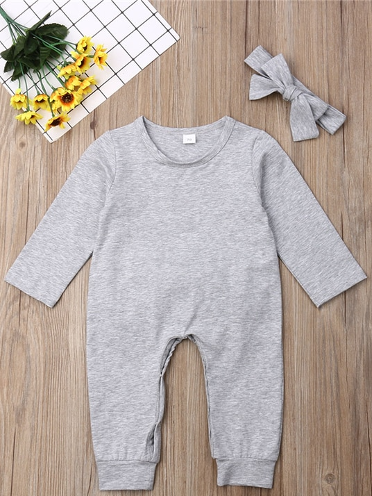 Baby Bowknot Bottom Long Sleeve Romper Onesie With Headband Grey