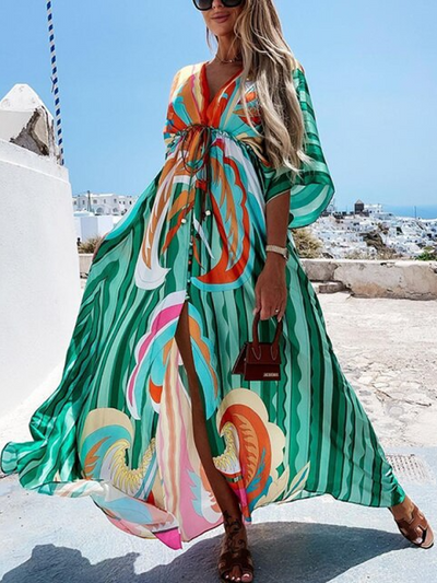 Women's Deco Patterned Swimsuit Kimono Maxi Cover Up