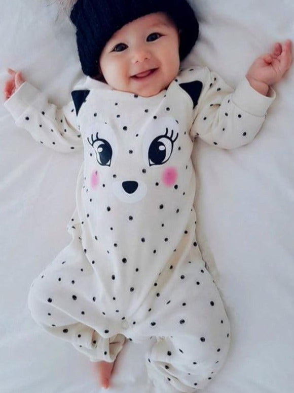 Baby Polka Dot Fox Long Sleeve Romper Onesie White