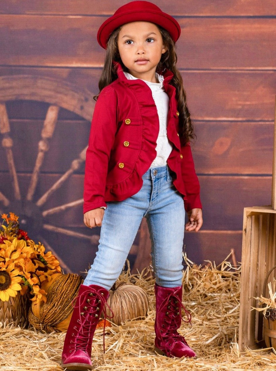 Set The Tone Burgundy Ruffled Cardigan - Sweaters - Mia Belle Girls