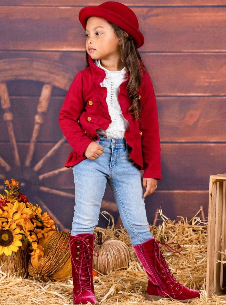 Set The Tone Burgundy Ruffled Cardigan - Sweaters - Mia Belle Girls