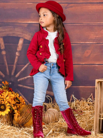 Set The Tone Burgundy Ruffled Cardigan - Sweaters - Mia Belle Girls