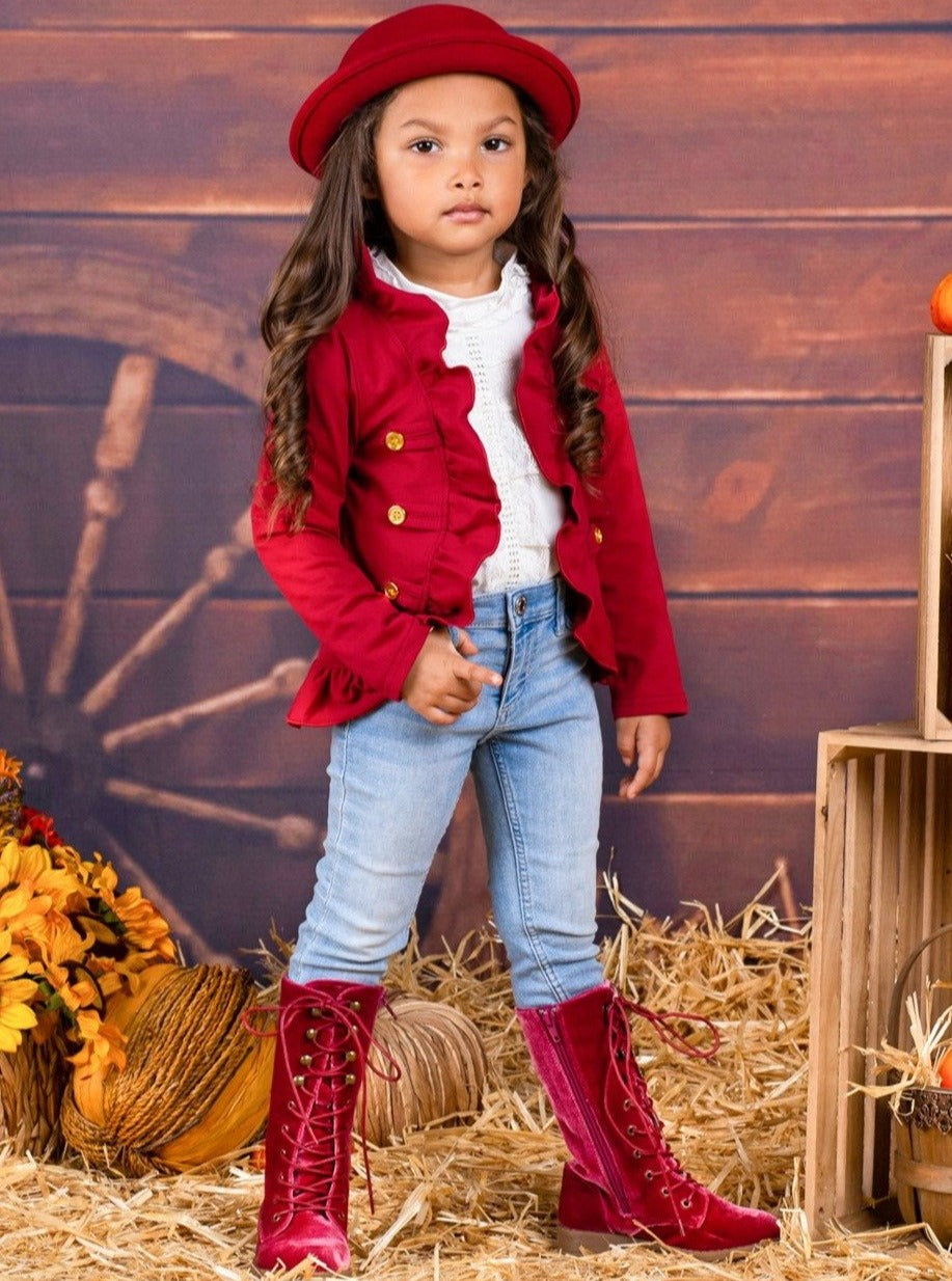 Set The Tone Burgundy Ruffled Cardigan - Sweaters - Mia Belle Girls