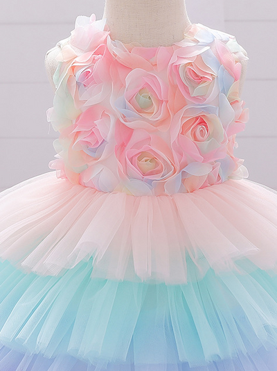 Baby Spring tulle dress' bodice has a delicate flower applique in tulle, has a multicolor layered skirt and bow at the back