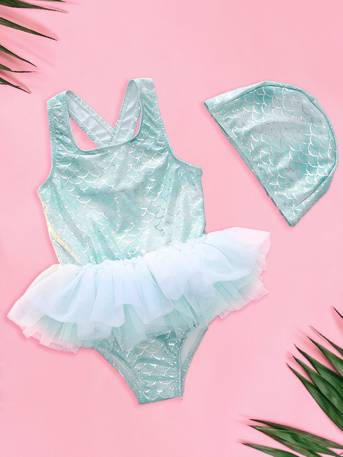 Little Girls Swimsuits | Green Sparkle One Piece Swimsuit & Cap Set