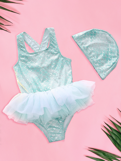 Little Girls Swimsuits | Green Sparkle One Piece Swimsuit & Cap Set