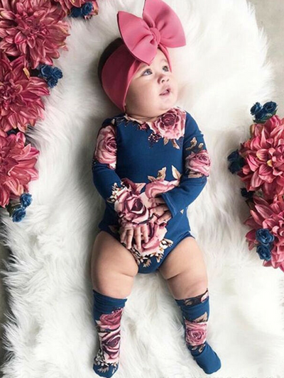 Baby set features a long-sleeved set with floral print with matching socks and a headband