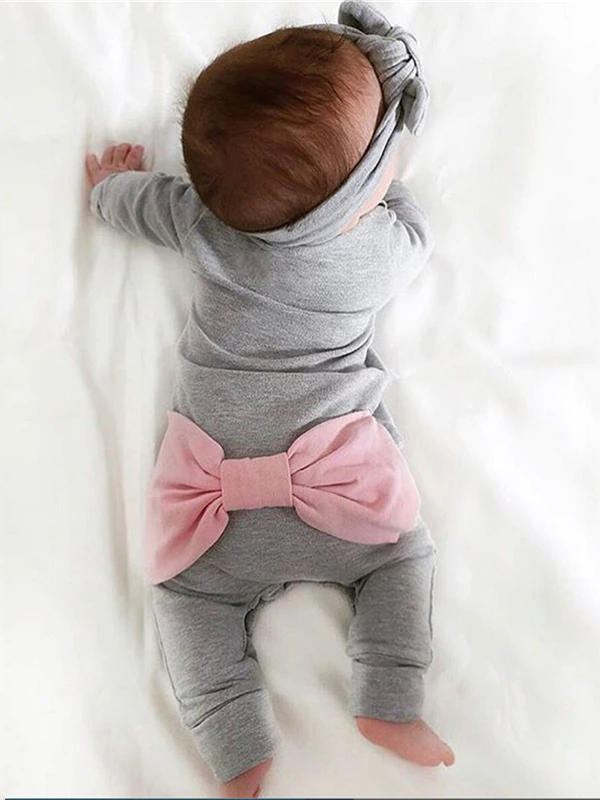 Baby Bowknot Bottom Long Sleeve Romper Onesie With Headband Grey