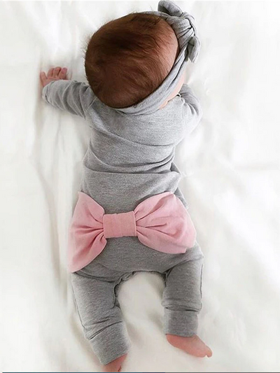 Baby Bowknot Bottom Long Sleeve Romper Onesie With Headband Grey