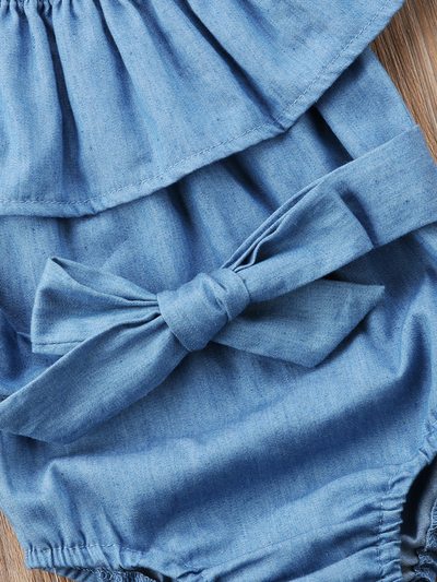 Baby Denim onesie large bib with bow and matching headband 6Mon to 2T