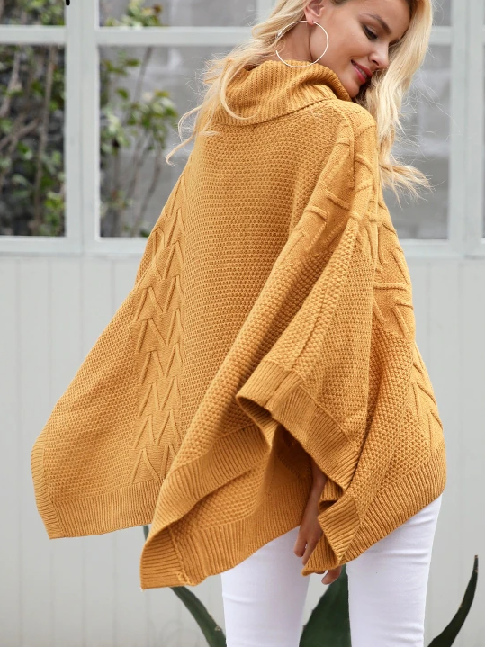Women's Turtleneck Pullover Poncho Cardigan Yellow