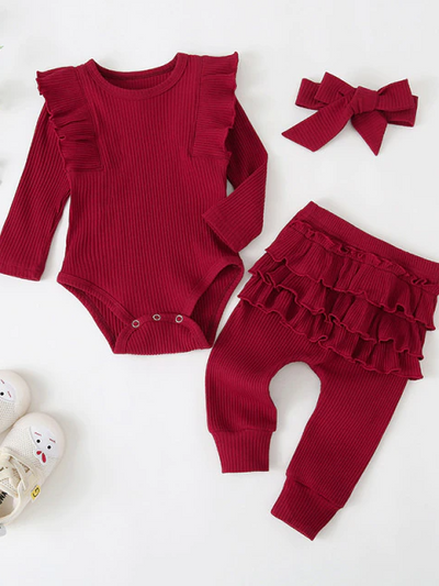 Baby Frills N Fun Long Sleeve Ribbed Onesie And Legging Set Burgundy