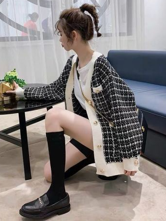 Women's Preppy Chic Vintage Tweed Cardigan Black