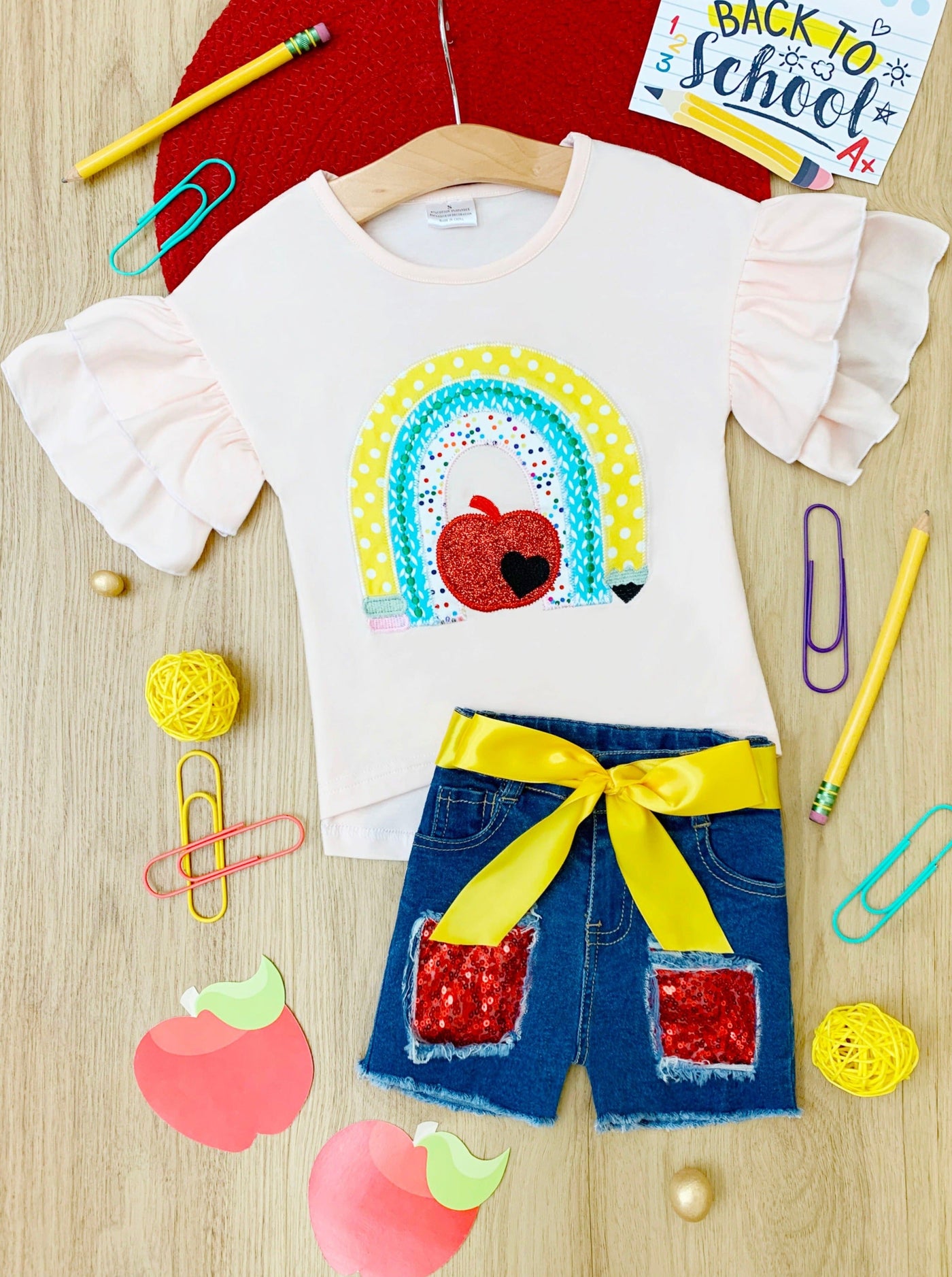 Back To School | Rainbow Top & Patched Denim Shorts | Mia Belle Girls