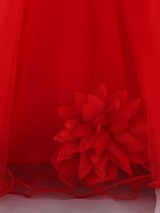Baby dress has a tulle overlay with flower applique and a satin belt with rhinestone detail-red