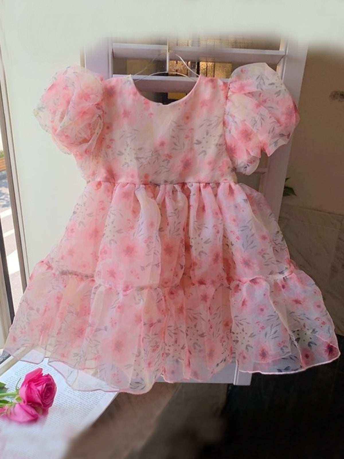 Blushing In Pink Puff Sleeve Floral Tulle Dress