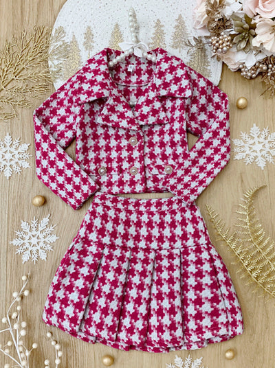 Winter Dressy Sets | Girls Pink Houndstooth Blazer & Pleated Skirt Set