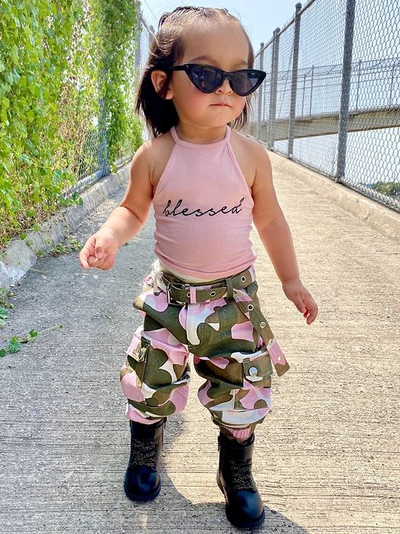 Cute Outfits For Toddlers | "Blessed" Halter Top & Camo Pants Set 