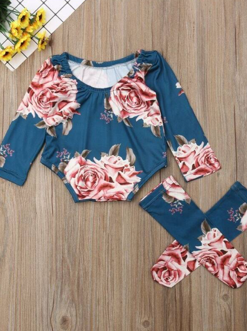 Baby set features a long-sleeved set with floral print with matching socks and a headband