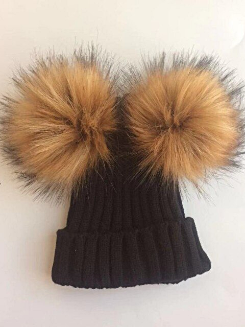 Baby Faux Fur Pom Pom Kint Bobble Hat - Mia Belle Girls