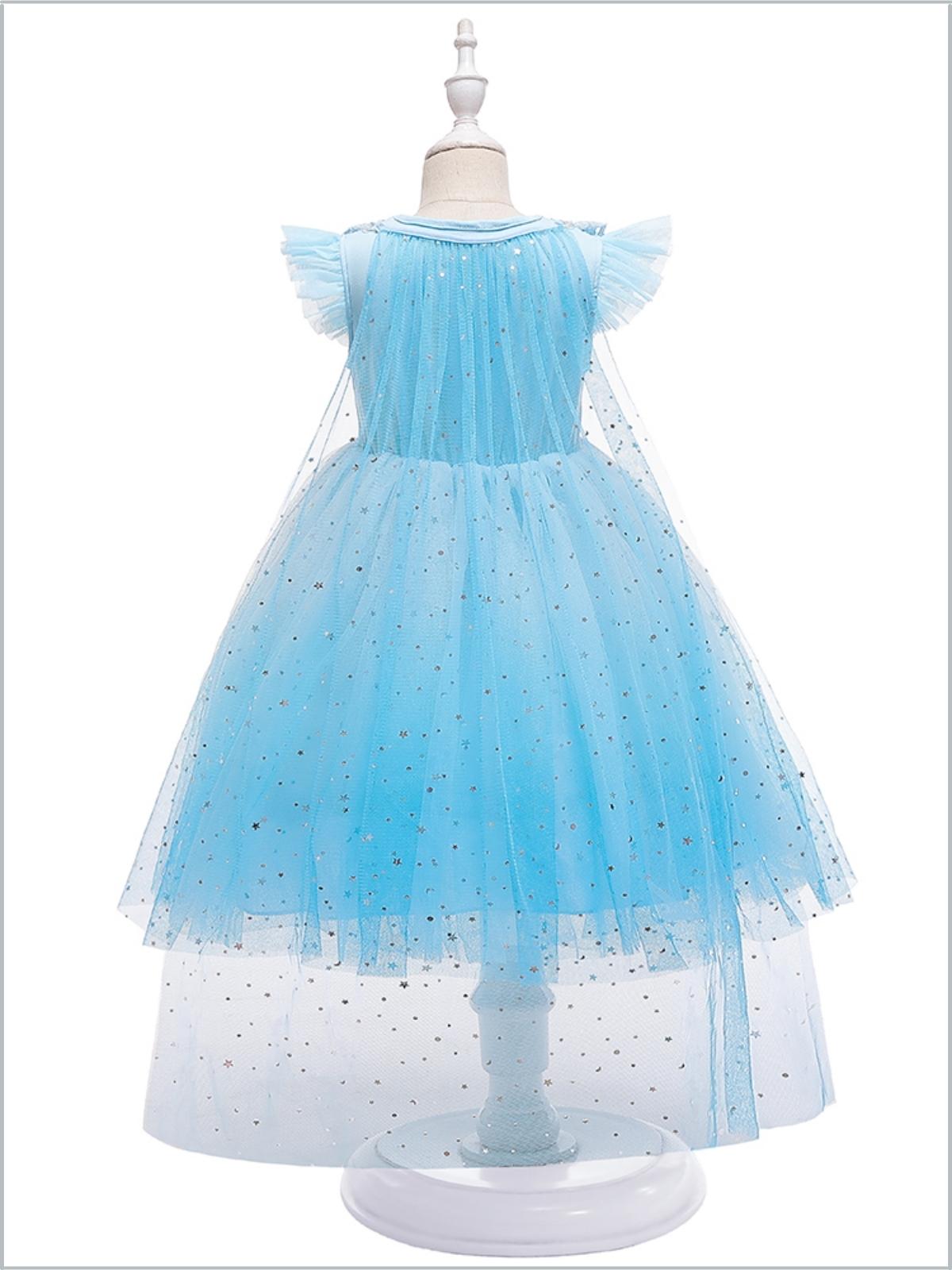 Little Girls Party Dresses | Blue Star Sequin Tulle Dress With Train