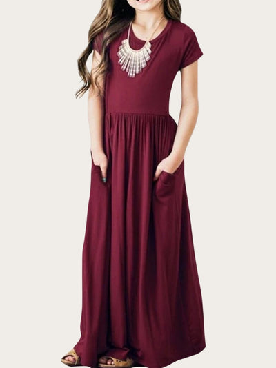 Girls Cute Spring Dresses | Short Sleeve Pockets Pleated Maxi Sundress