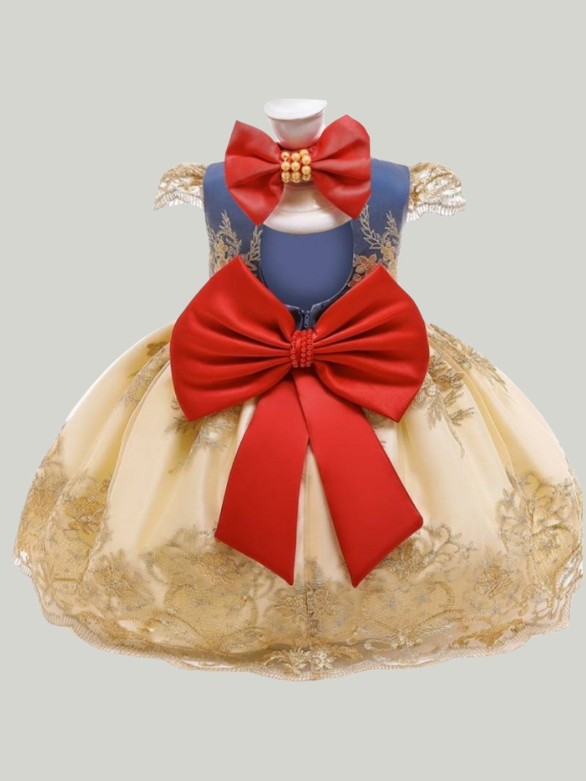 Baby Floral Lace Embroidered Beaded Dress with Bow-Blue